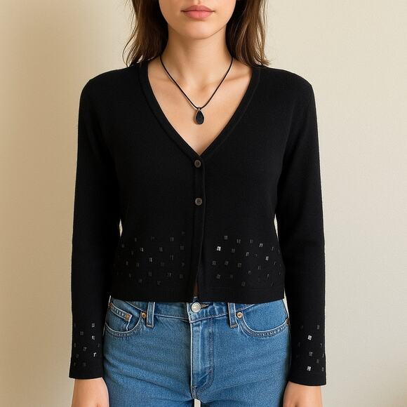 Vintage Y2K Black Sequin Cardigan by C.M.I. – Women’s Size L - Picture 2 of 16